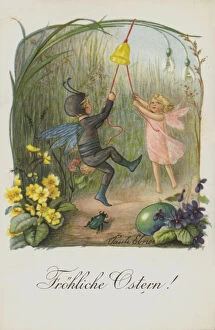 Easter greetings card depicting two fairies in a spring garden. (chromolitho)