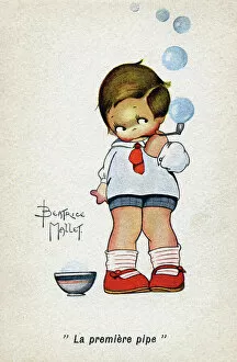 Gioco Gallery: Education. 'The first pipe'. Child playing with soap balls. Postcard inspired by Beatrice Mallet