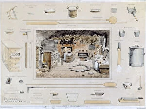 Educational poster for a school showing bakers at work and tools of the bakery trade