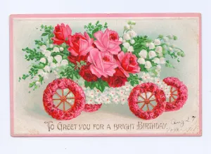 Edwardian Birthday postcard of roses, lily of the valley Edwardian Birthday postcard of roses, lily of the valley