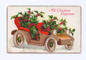 Edwardian Christmas postcard of a vintage car filled with holly, c.1910 (colour litho) Edwardian Christmas postcard of a vintage car filled with holly, c.1910 (colour litho)