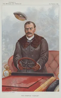 Chauffeuress Gallery: Edwardian motorist having his cap blown off while driving (colour litho)