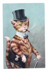 Briefcase Gallery: Edwardian postcard of a cat in human clothes carrying a briefcase and holding a cane, c
