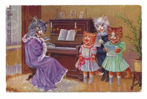 Edwardian postcard of four cats wearing human clothes around a piano having a sing-song Edwardian postcard of four cats wearing human clothes around a piano having a sing-song