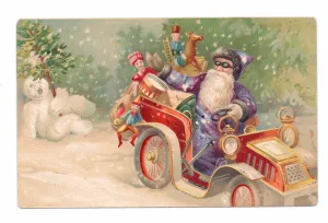Edwardian postcard of Father Christmas wearing goggles driving through the snow in a Edwardian postcard of Father Christmas wearing goggles driving through the snow in a
