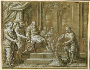 An elderly King, enthroned with attendants in an architectural setting An elderly King, enthroned with attendants in an architectural setting