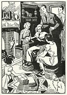 Elderly woman receiving many birthday cards and presents from her family (litho) Elderly woman receiving many birthday cards and presents from her family (litho)