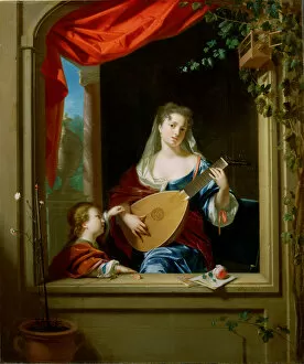 Images Dated 30th November 2006: Elegant Lady Playing the Lute at a Window (panel)