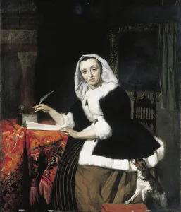 An elegant lady writing at her desk, with a dog beside her (oil on panel) An elegant lady writing at her desk, with a dog beside her (oil on panel)