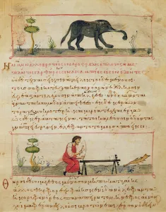 Elephant and traditional ivory work, illustration from the Cynegetica' Elephant and traditional ivory work, illustration from the Cynegetica'