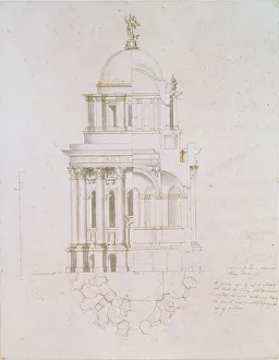Elevation, cross-section and plan of an unrealised baptistery for St Elevation, cross-section and plan of an unrealised baptistery for St