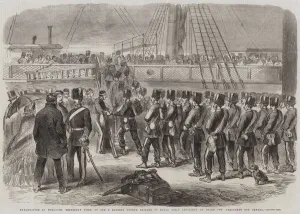 Troopships Gallery: Embarkation at Woolwich, Yesterday Week, of the E Battery Fourth Brigade of Royal Field Artillery