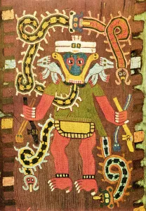 Embroidered mythological figure, Paracas Necropolis Style (wool embroidery) Embroidered mythological figure, Paracas Necropolis Style (wool embroidery)