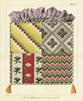 Four embroidery sampler patterns for a work basket, with frill and tassles