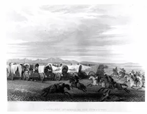 Emigrants attacked by the Comanches, engraved by John Smith (engraving) (b&w photo)