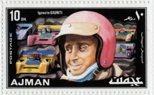 Emirates Arab Units stamp representing Italian car driver Ignazio Giunti (1941-1971) Emirates Arab Units stamp representing Italian car driver Ignazio Giunti (1941-1971)