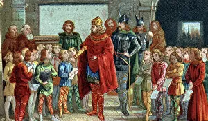 Sponsor Gallery: Emperor Charlemagne visiting a school, his interest in education and learning