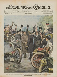 Female Driver Gallery: The end of the Beijing-Paris car raid, arrival of the Italian car in Petersburg... (colour litho)
