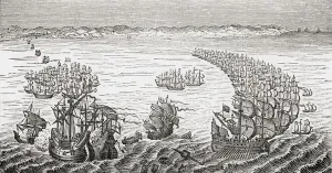 The English Fleet, commanded by Sir Francis Drake, attacking the Spanish Armada in 1588 The English Fleet, commanded by Sir Francis Drake, attacking the Spanish Armada in 1588