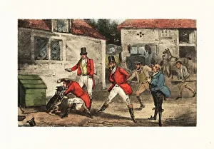 English gentleman biting a dog and beating it while chained in a, 1900 (chromolithograph) English gentleman biting a dog and beating it while chained in a, 1900 (chromolithograph)