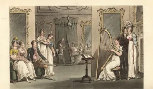 English gentleman and ladies listening to a harpist at a ball, 1817 (engraving) English gentleman and ladies listening to a harpist at a ball, 1817 (engraving)
