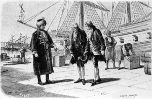 Engraving by Adrien Moreau (1843-1906) illustrating ' Candide'" Engraving by Adrien Moreau (1843-1906) illustrating ' Candide'"