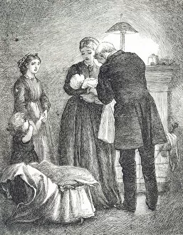 History Of Medicine Collection: Engraving depicting a doctor examining a baby with measles