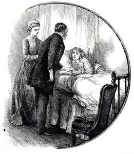 An engraving depicting a doctor visiting his young patient at home An engraving depicting a doctor visiting his young patient at home