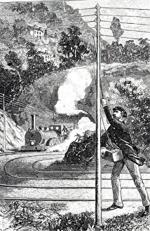 Railway Line Gallery: An engraving depicting a train worker sending an emergency signal on a railway telegraph