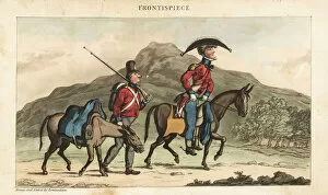 Ensign Johnny Newcome riding a horse accompanied by a subaltern with pack horse in Portugal