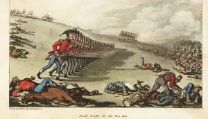 Ensign Johnny Newcome taking part in his first action, the charge against the French Army at the Battle of Salamanca, 1812. Smells Powder for the First Time. In the foreground, a British soldier loots a dead enemy Ensign Johnny Newcome taking part in his first action, the charge against the French Army at the Battle of Salamanca, 1812. Smells Powder for the First Time. In the foreground, a British soldier loots a dead enemy
