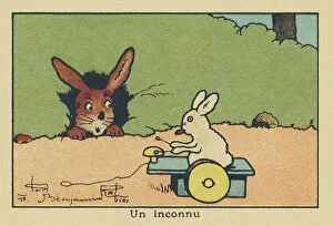 Observing Gallery: From the entrance of his burrow a rabbit observes a rabbit playing a musical toy with wheels