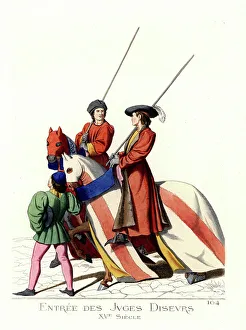 Tournament Gallery: The entrance of the judges, judges tellers, to a town - The lead judge wears a black cap