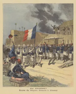 Entry of the French flag into Abomey, Dahomey (colour litho) Entry of the French flag into Abomey, Dahomey (colour litho)