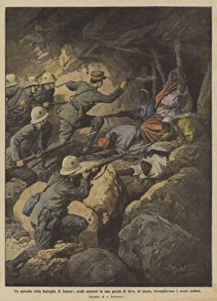 An episode of the Battle of Zanzur, Arabs caught in a cave where, safe... (colour litho)