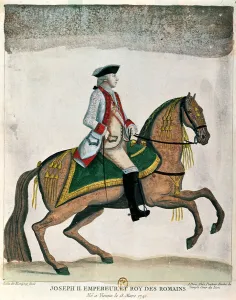 Equestrian portrait of the Emperor Joseph II (1741-90) c.1785 (colour engraving) Equestrian portrait of the Emperor Joseph II (1741-90) c.1785 (colour engraving)
