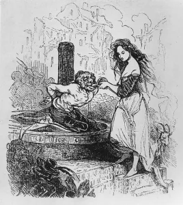 Esmeralda giving Quasimodo a drink, illustration from The Hunchback of Notre Esmeralda giving Quasimodo a drink, illustration from The Hunchback of Notre