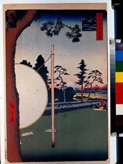 Estampe japonaise: La piste de course hippique a Takata (Tokyo, Japon). Serie cent vues celebres d'Edo. (The Horse Track at Takata, One Hundred Famous Views of Edo)