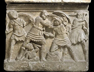 Etruscan art: ' Eteocle and Polynice' the two brothers, son of Oedipus, Bas relief of a sarcophagus of Chiusi, 3rd century BC - Palermo, Museo Archeologico Nazionale - Duel between the brothers Eteocles and Polynices