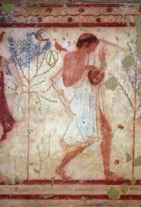 Etruscan art: frescoes depicting banquet scenes, detail depicting a lyre player Etruscan art: frescoes depicting banquet scenes, detail depicting a lyre player