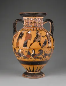 Euboean black-figure neck amphora decorated with the judgement of Paris, c.570-60 Euboean black-figure neck amphora decorated with the judgement of Paris, c.570-60