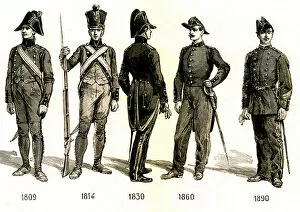 Evolution of the Ecole Polytechnique uniform between 1809 and 1890, 1890 (engraving)