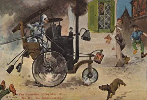 The evolution of the motor car: the medieval age (colour litho) The evolution of the motor car: the medieval age (colour litho)