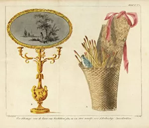 Examples of candlestick with embroidered screen and straw basket for matches