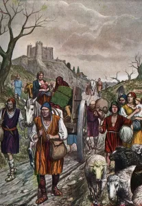 Exodus of population of southern italy fleeing muslim invasions, 879 ca) Illustration by Tancredi Scarpelli (1866-1937) Exodus of population of southern italy fleeing muslim invasions, 879 ca) Illustration by Tancredi Scarpelli (1866-1937)