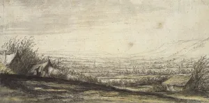 Extensive Landscape with Cottage and Cattle (black chalk, grey and yellow wash) Extensive Landscape with Cottage and Cattle (black chalk, grey and yellow wash)
