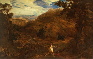 An Extensive Mountainous Wooded Landscape with David and the Lion, 1850 (oil on canvas)
