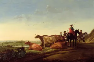 An extensive river landscape with a herdsman pointing the way An extensive river landscape with a herdsman pointing the way