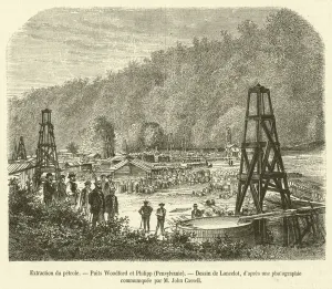 Extraction du petrole, Puits Woodford et Philipp, Pensylvanie (engraving) Extraction du petrole, Puits Woodford et Philipp, Pensylvanie (engraving)