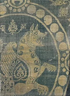 Textile Gallery: Fabric depicting a simurgh in a beaded surround, from Constantinople (silk) (detail)